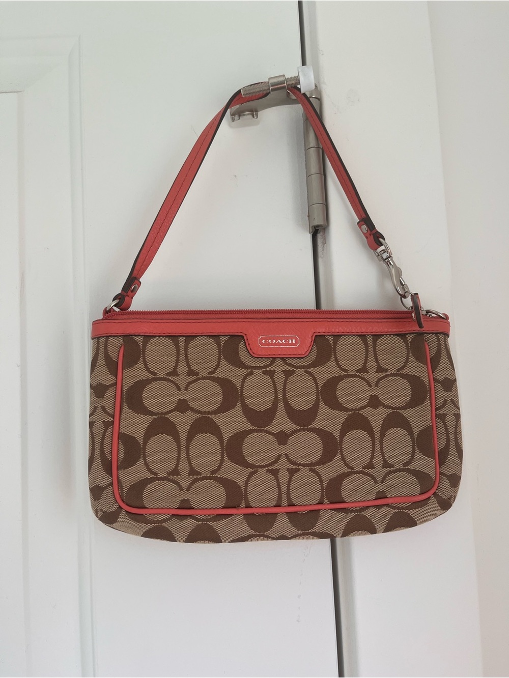 Y2K Coach Signature Canvas Wristlet in Brown with Coral Trim